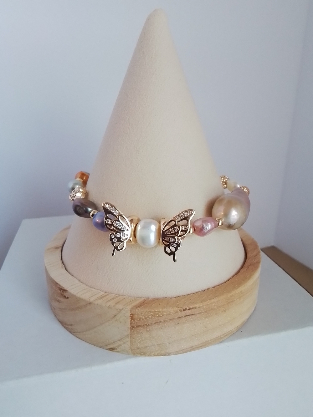 Gold Butterfly Pearl Bracelet - Multicolor Freshwater Pearls